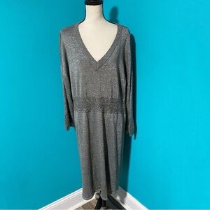 Ellos 2X Gray Silver Metallic V-Neck Long Sleeve Dress